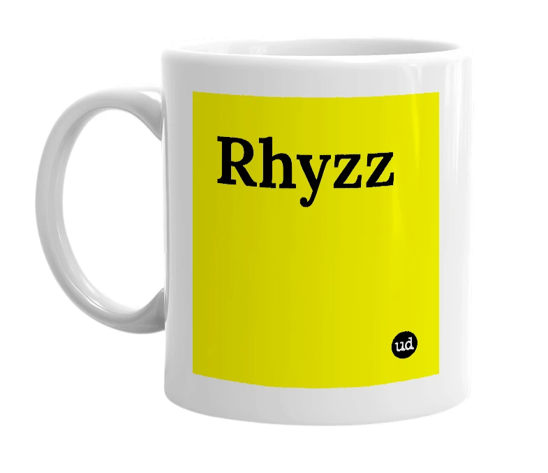 White mug with 'Rhyzz' in bold black letters