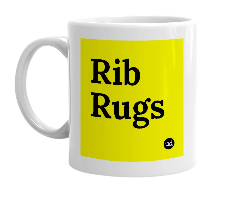 White mug with 'Rib Rugs' in bold black letters