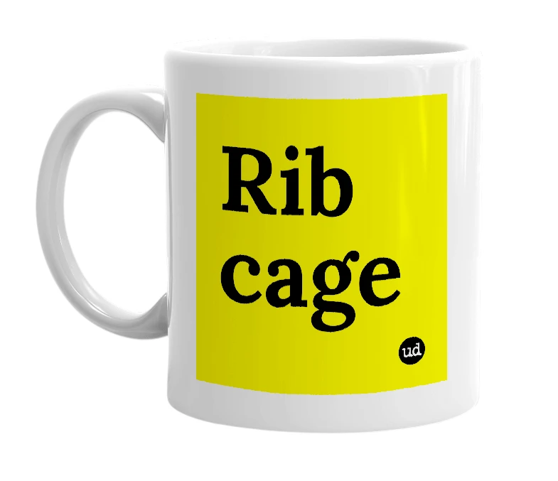 White mug with 'Rib cage' in bold black letters