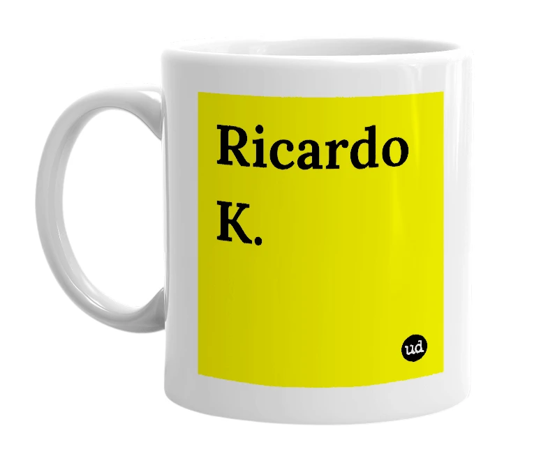 White mug with 'Ricardo K.' in bold black letters