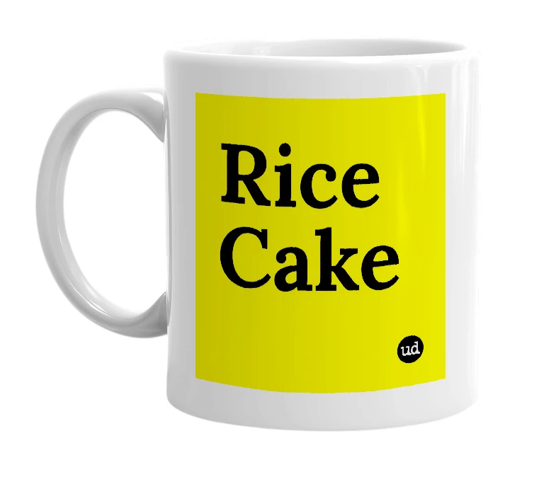 White mug with 'Rice Cake' in bold black letters