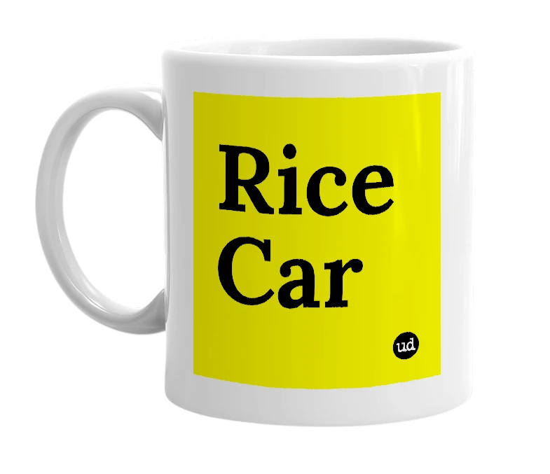 White mug with 'Rice Car' in bold black letters