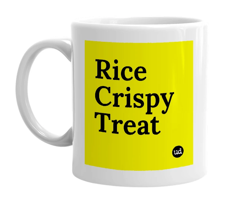 White mug with 'Rice Crispy Treat' in bold black letters