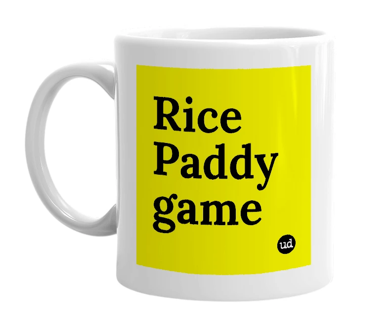 White mug with 'Rice Paddy game' in bold black letters