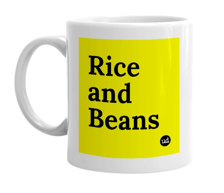 White mug with 'Rice and Beans' in bold black letters