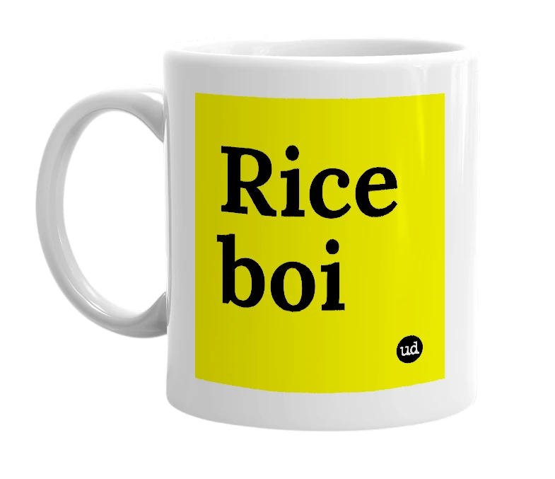 White mug with 'Rice boi' in bold black letters