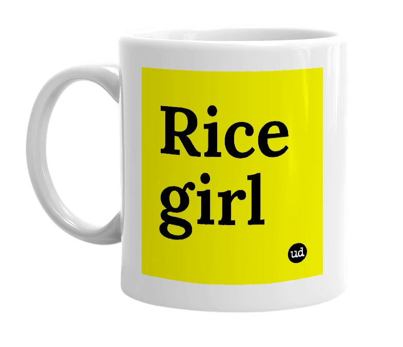 White mug with 'Rice girl' in bold black letters