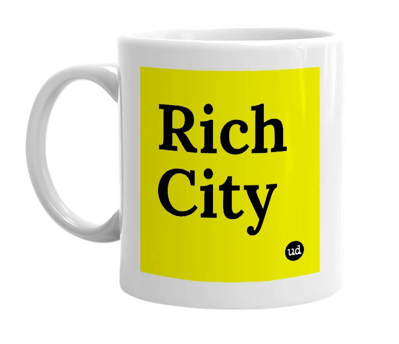 White mug with 'Rich City' in bold black letters