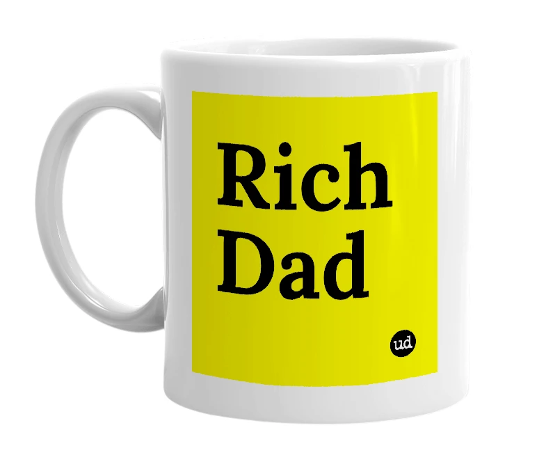 White mug with 'Rich Dad' in bold black letters