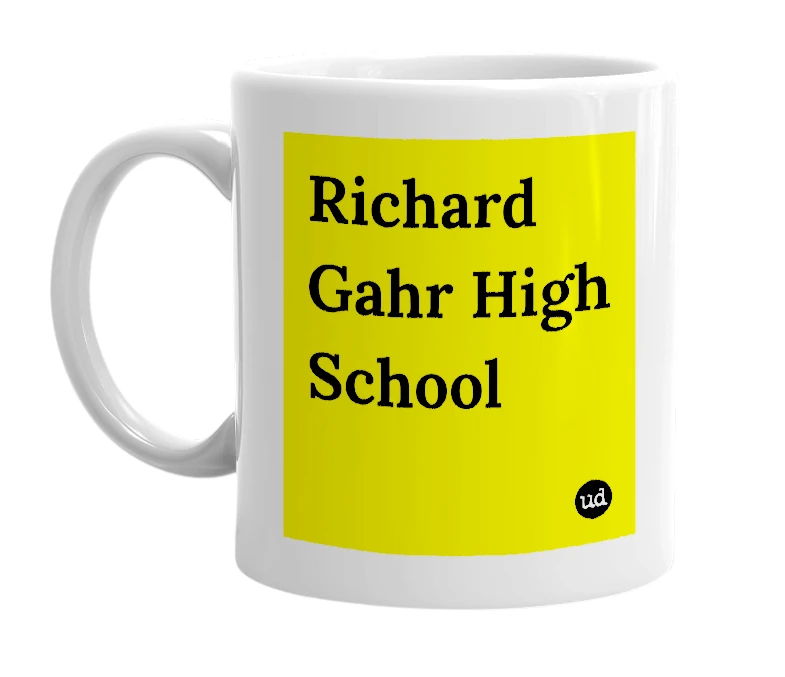 White mug with 'Richard Gahr High School' in bold black letters