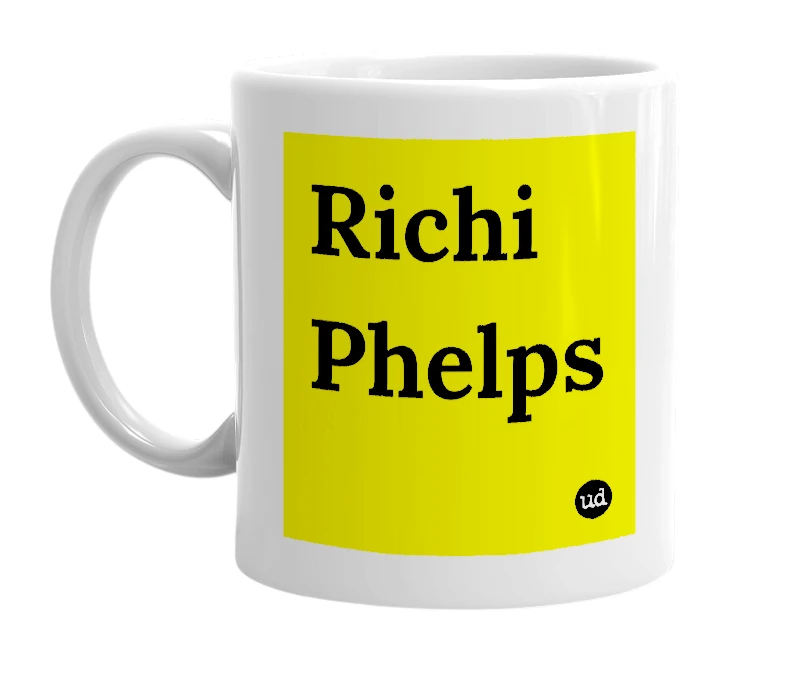 White mug with 'Richi Phelps' in bold black letters