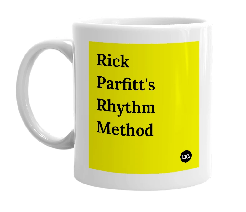 White mug with 'Rick Parfitt's Rhythm Method' in bold black letters