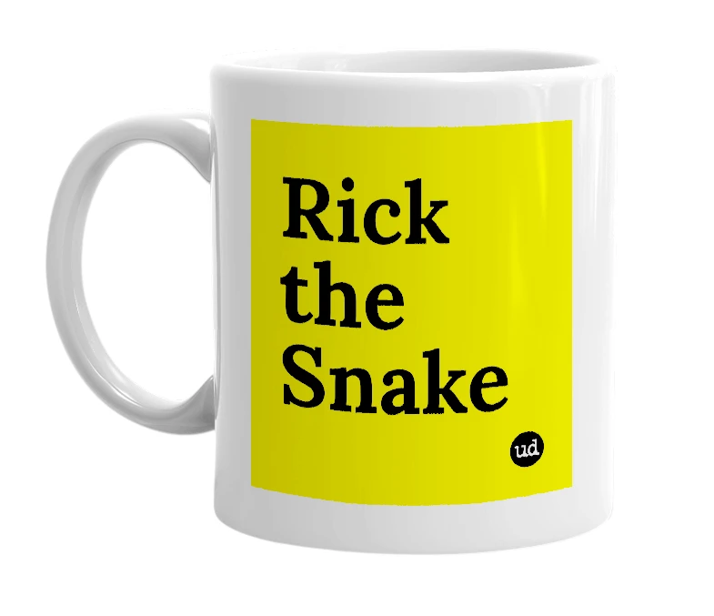 White mug with 'Rick the Snake' in bold black letters