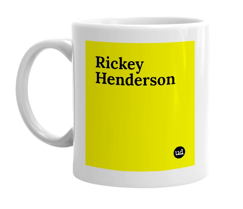 White mug with 'Rickey Henderson' in bold black letters