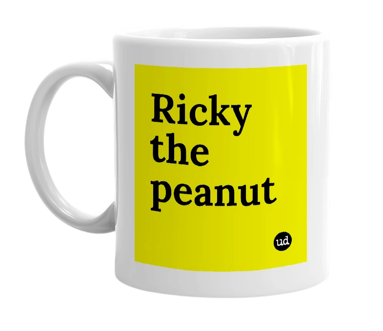 White mug with 'Ricky the peanut' in bold black letters