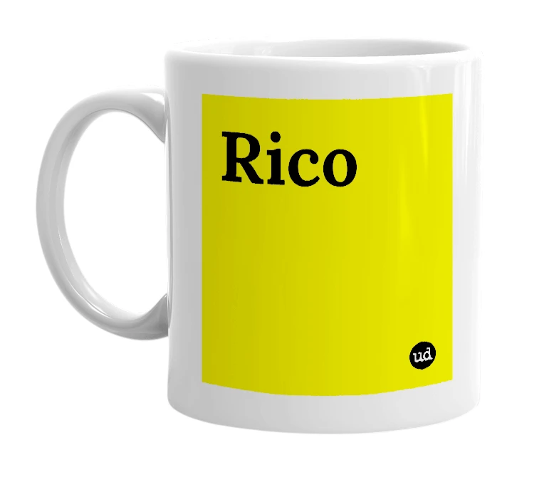 White mug with 'Rico' in bold black letters