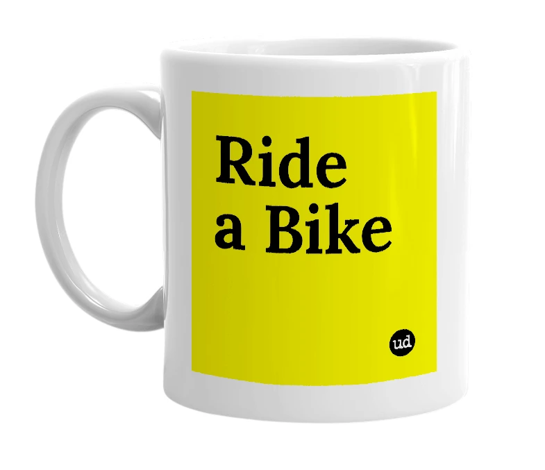 White mug with 'Ride a Bike' in bold black letters