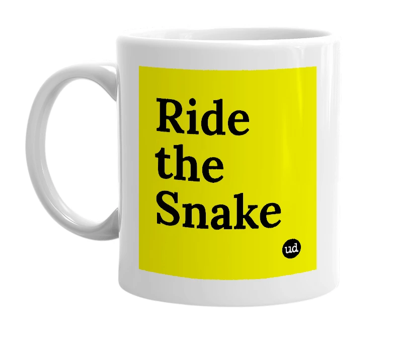 White mug with 'Ride the Snake' in bold black letters