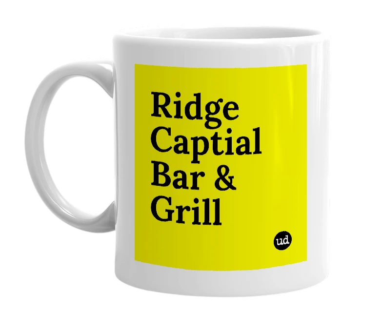 White mug with 'Ridge Captial Bar & Grill' in bold black letters