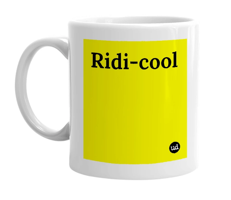 White mug with 'Ridi-cool' in bold black letters
