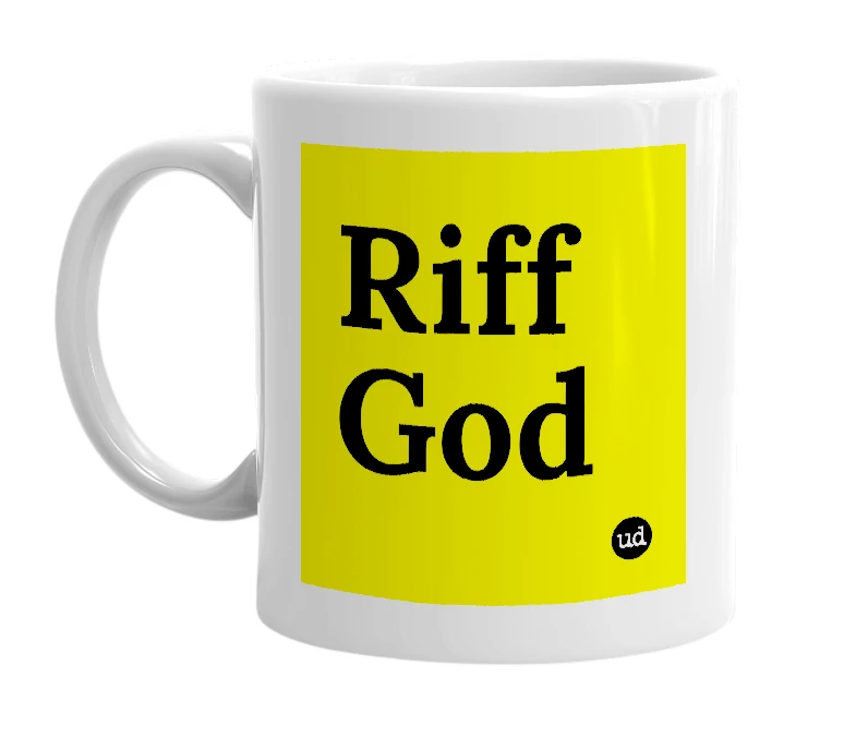 White mug with 'Riff God' in bold black letters