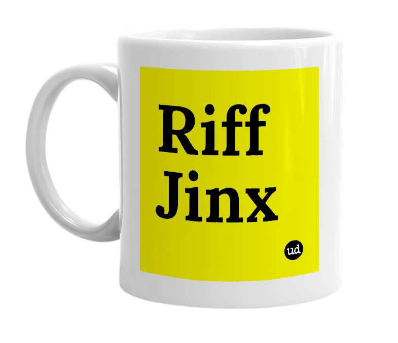 White mug with 'Riff Jinx' in bold black letters
