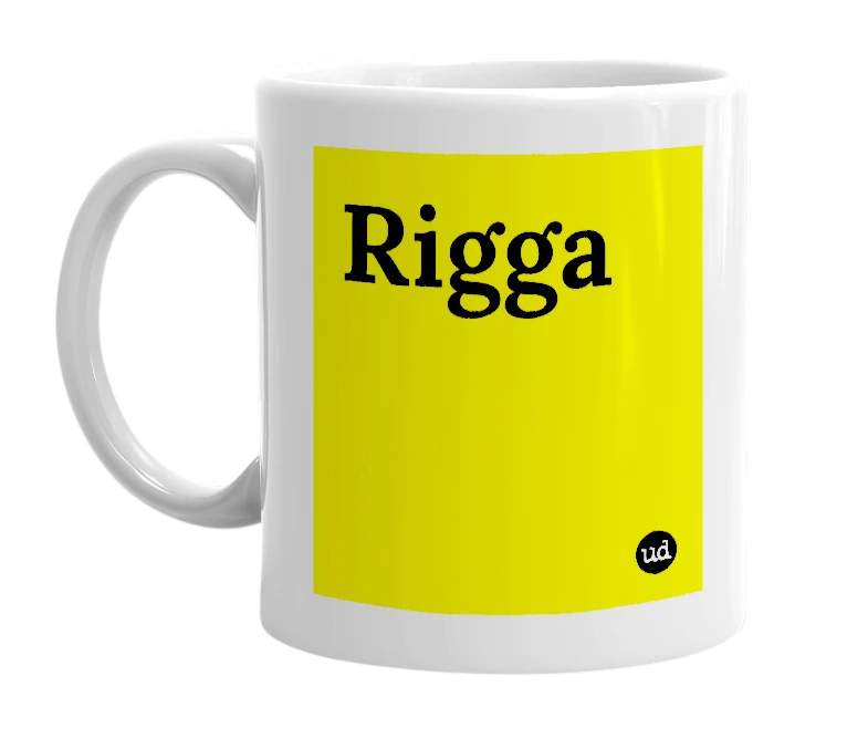 White mug with 'Rigga' in bold black letters