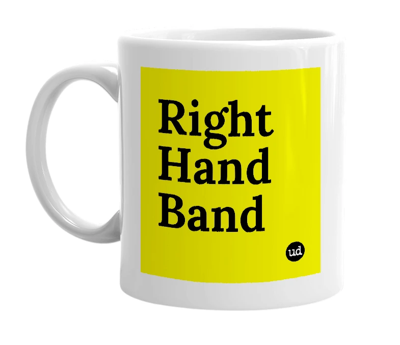 White mug with 'Right Hand Band' in bold black letters