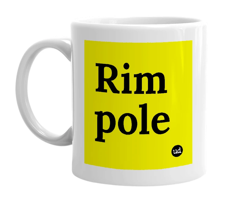 White mug with 'Rim pole' in bold black letters