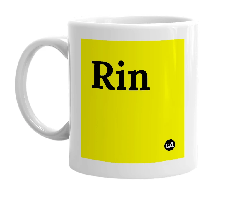 White mug with 'Rin' in bold black letters