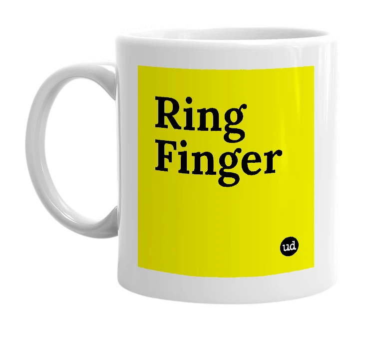 White mug with 'Ring Finger' in bold black letters