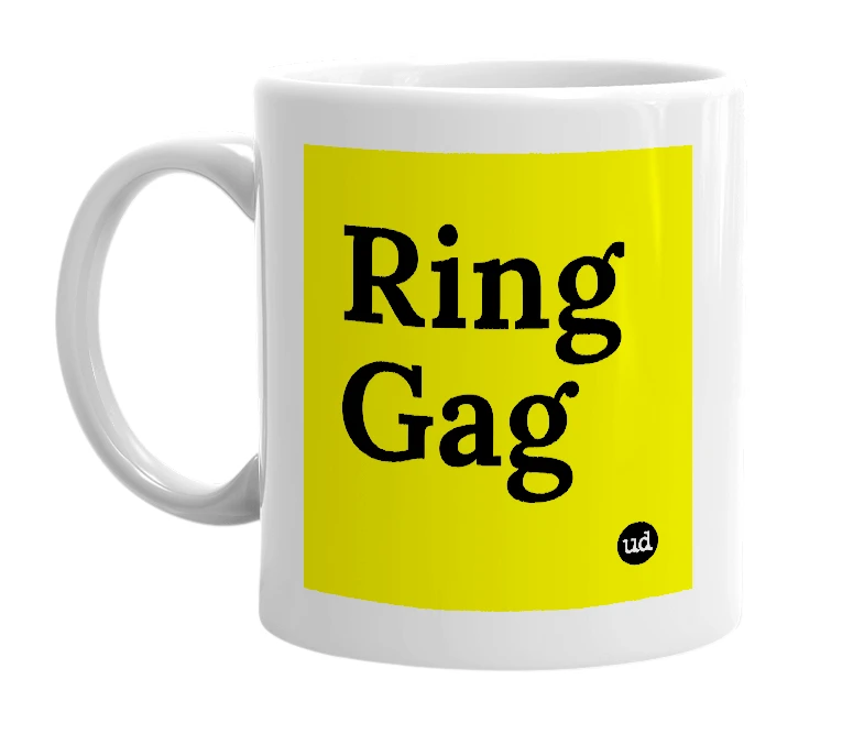 White mug with 'Ring Gag' in bold black letters