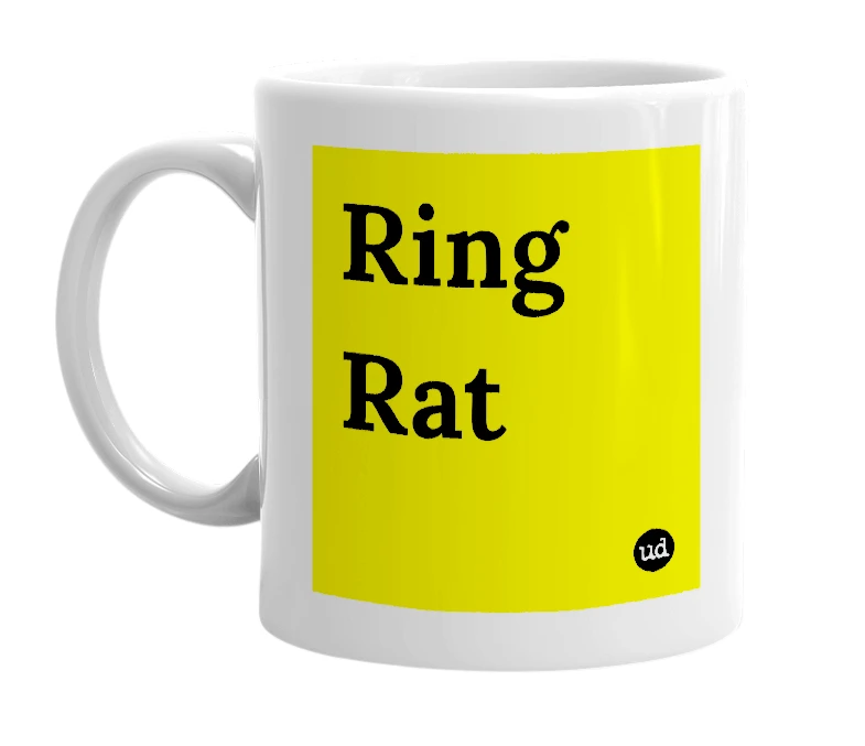 White mug with 'Ring Rat' in bold black letters