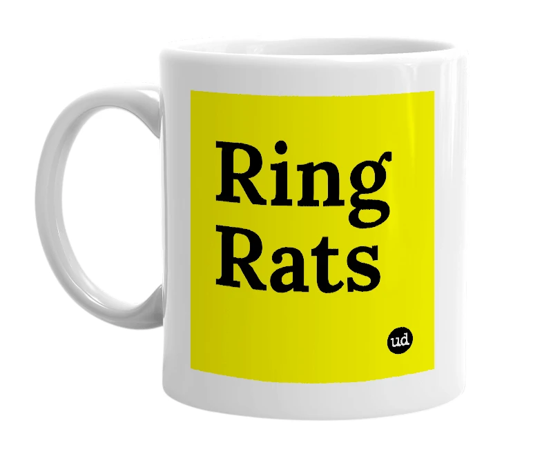 White mug with 'Ring Rats' in bold black letters