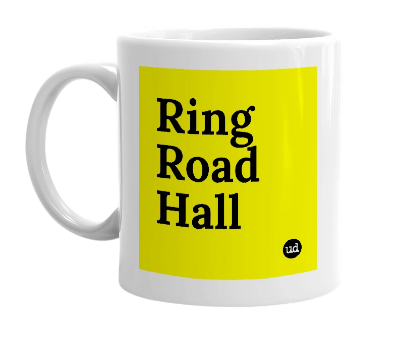 White mug with 'Ring Road Hall' in bold black letters
