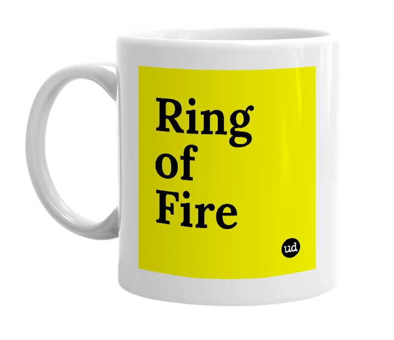 White mug with 'Ring of Fire' in bold black letters
