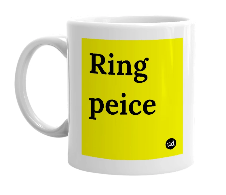 White mug with 'Ring peice' in bold black letters