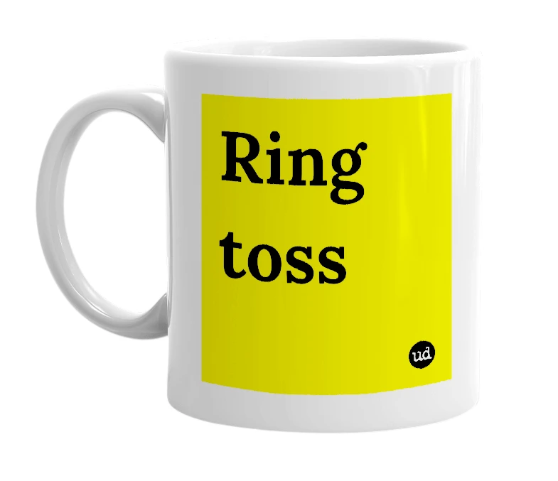 White mug with 'Ring toss' in bold black letters