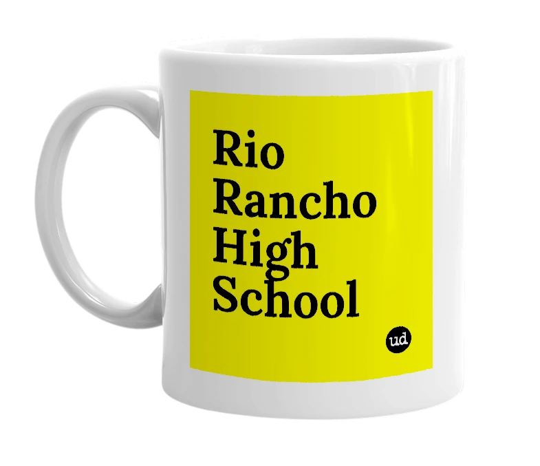 White mug with 'Rio Rancho High School' in bold black letters