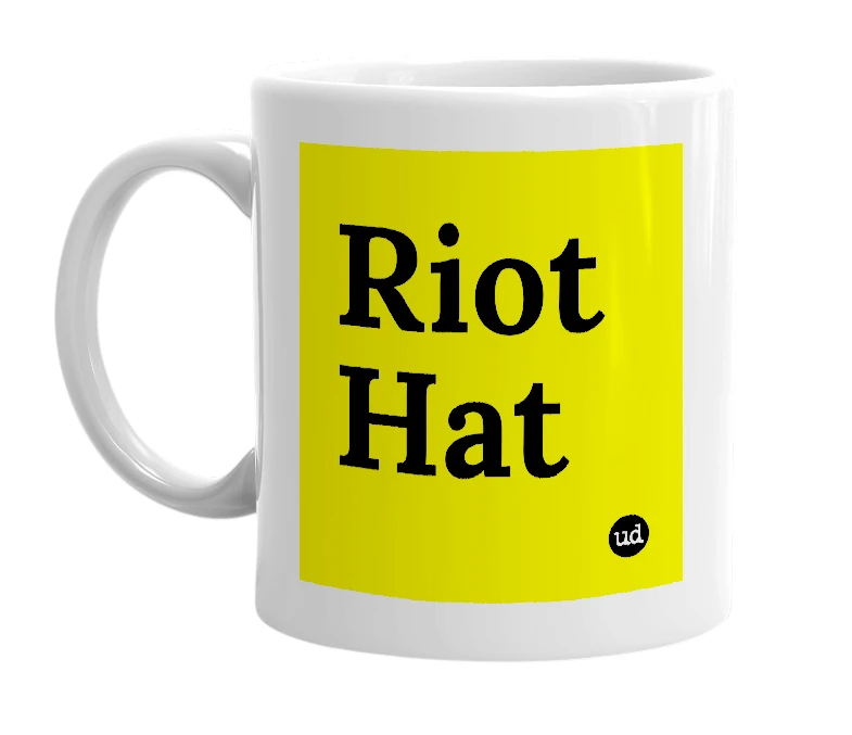 White mug with 'Riot Hat' in bold black letters