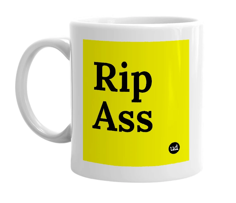 White mug with 'Rip Ass' in bold black letters