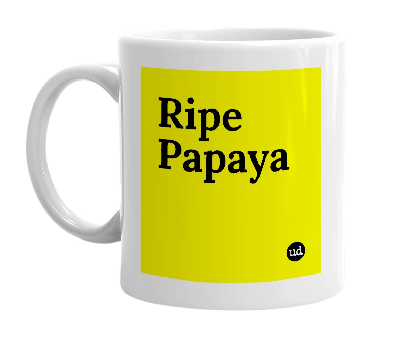 White mug with 'Ripe Papaya' in bold black letters