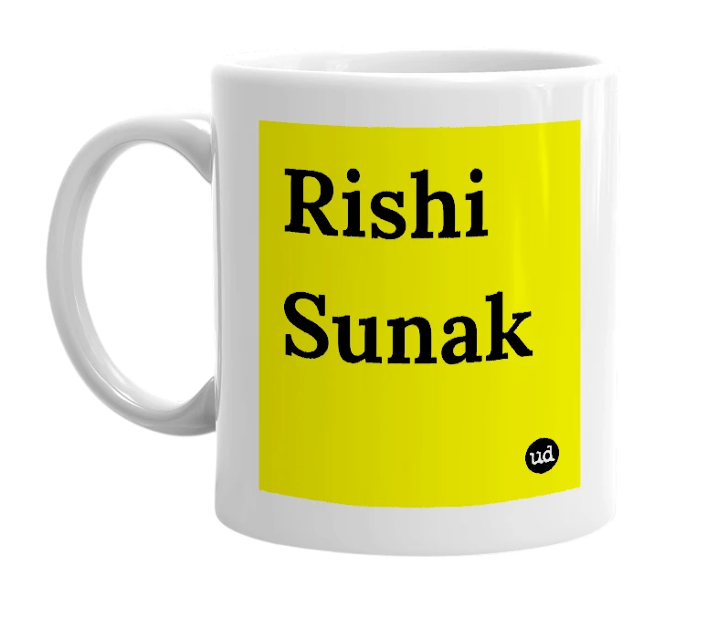 White mug with 'Rishi Sunak' in bold black letters