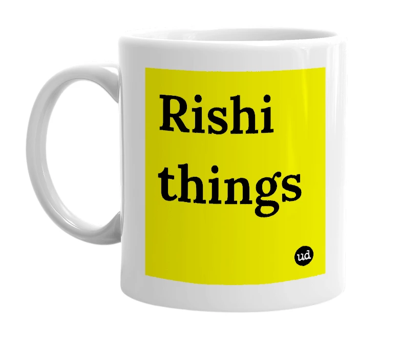 White mug with 'Rishi things' in bold black letters
