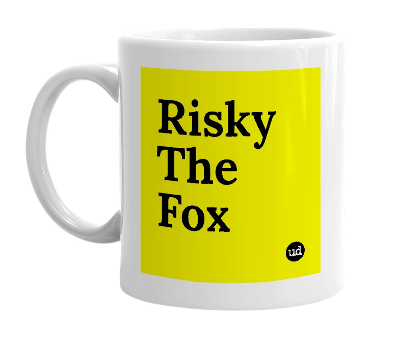 White mug with 'Risky The Fox' in bold black letters