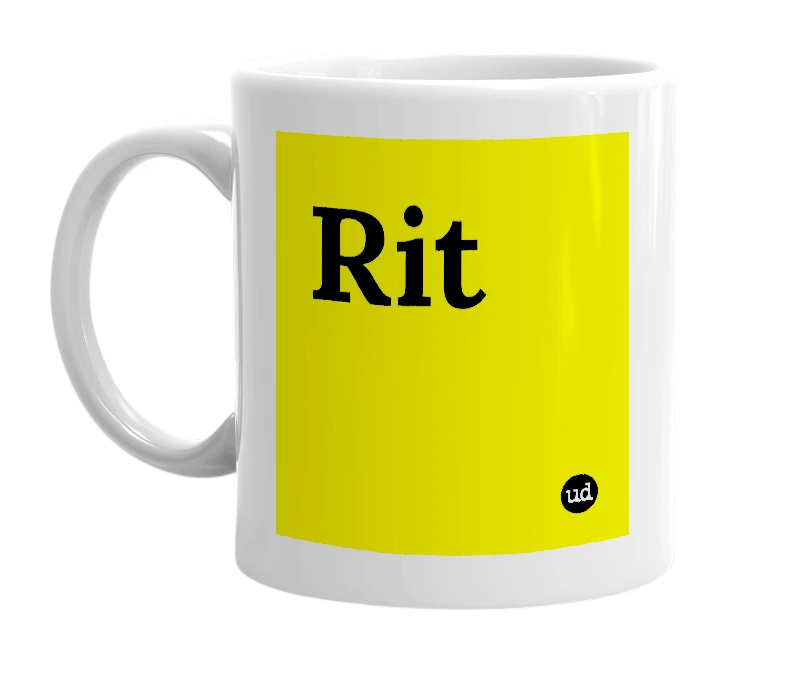 White mug with 'Rit' in bold black letters