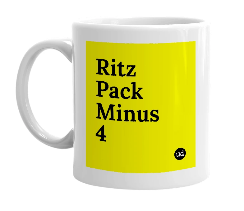 White mug with 'Ritz Pack Minus 4' in bold black letters