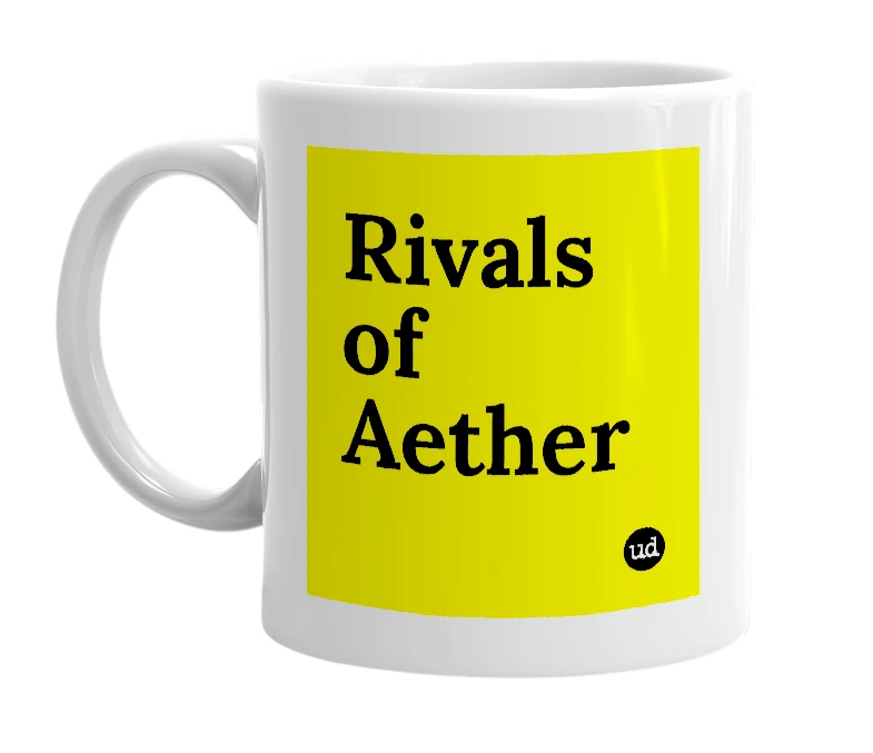 White mug with 'Rivals of Aether' in bold black letters