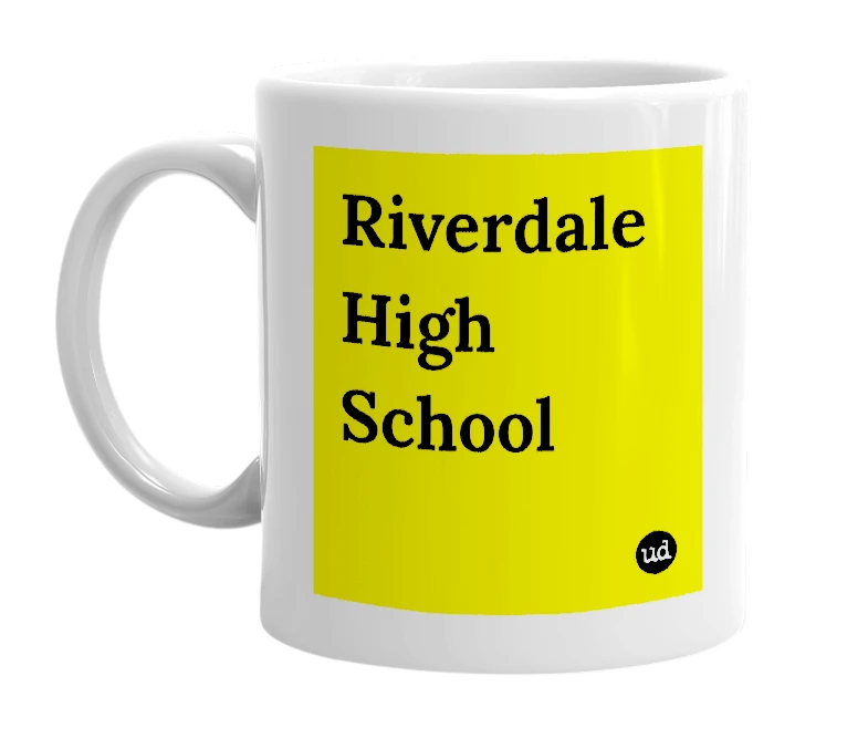 White mug with 'Riverdale High School' in bold black letters