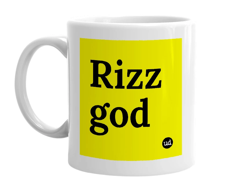 White mug with 'Rizz god' in bold black letters